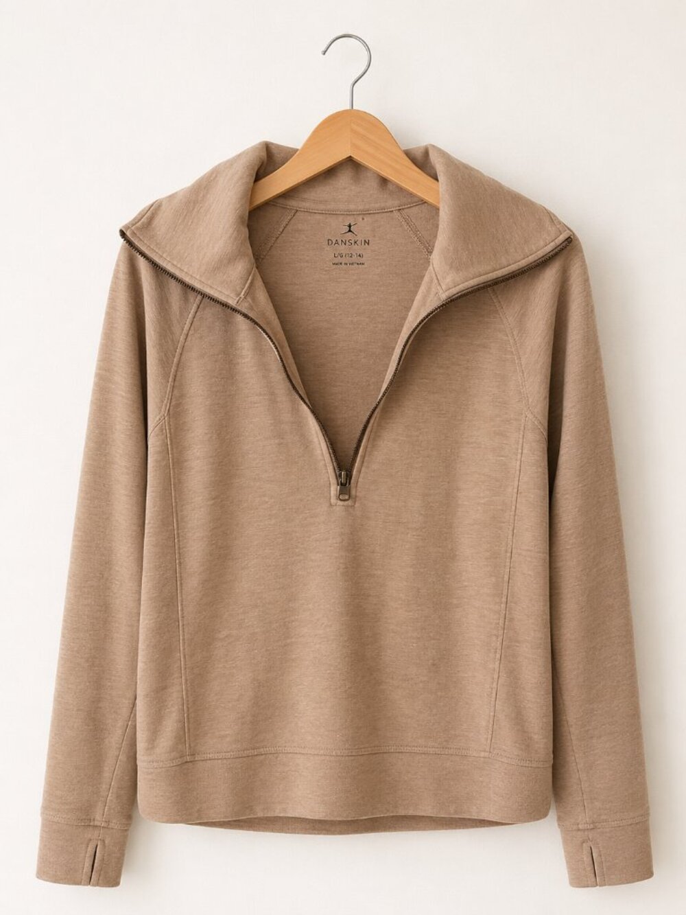 Danskin Dusty Taupe Funnel Neck Half Zip Pullover Sweatshirt M